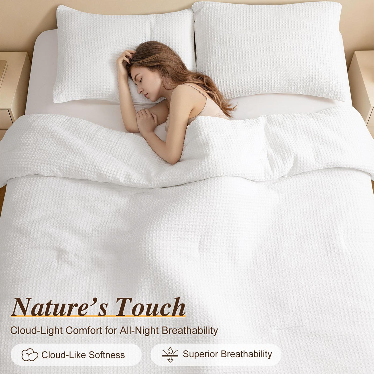 Waffle Weave Comforter Set, Cozy Breathable 100% Cotton Shell