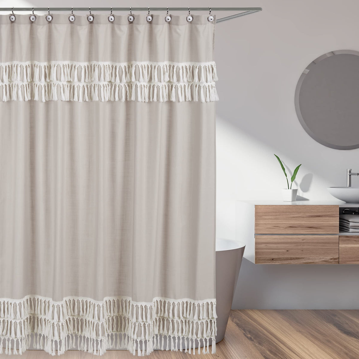 Boho Bohemian Bathroom Fabric Bath Shower Curtain - Solid Taupe Beige Ivory Cream Off White Linen Farmhouse Shabby