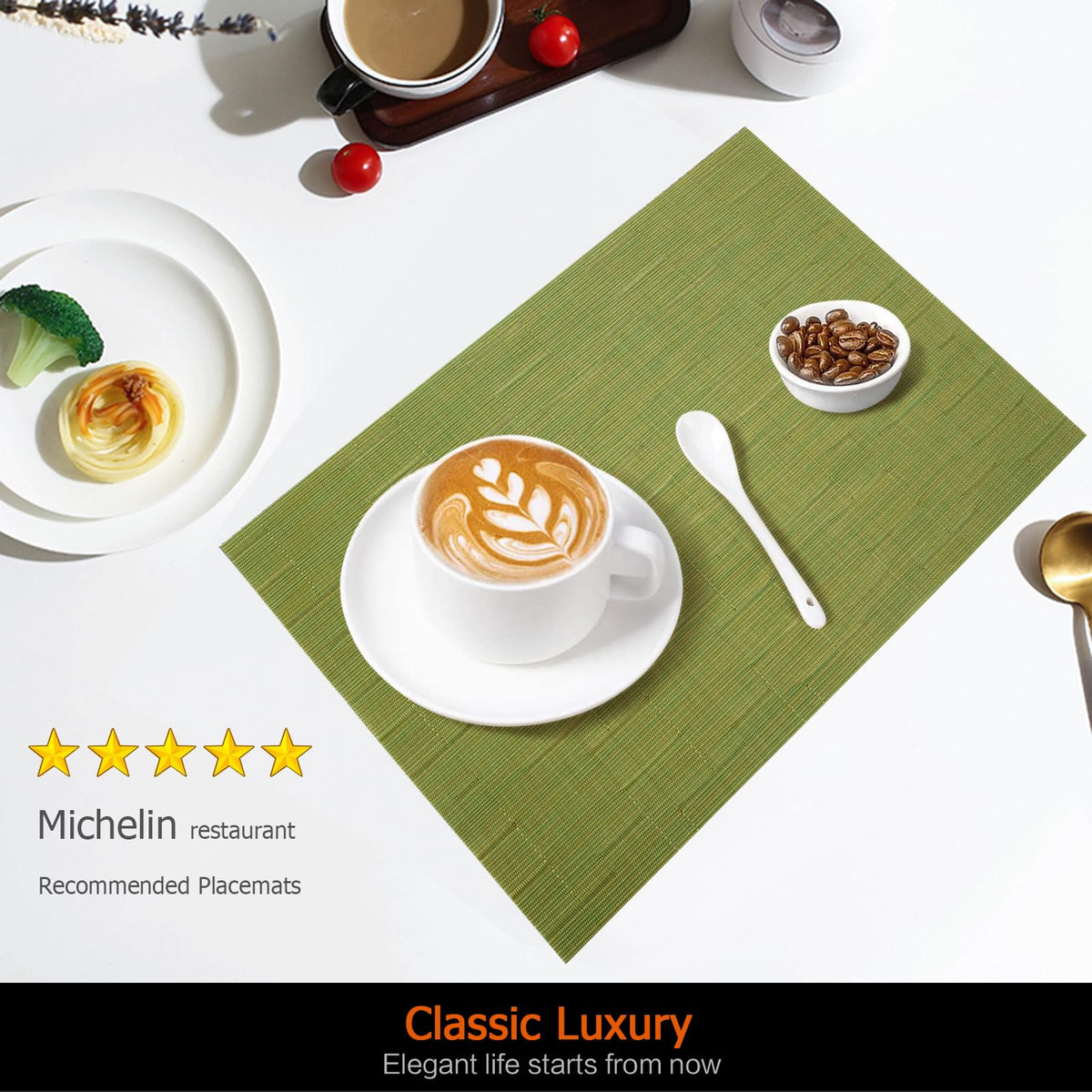 Green Vinyl Placemats Set of 12, Heat Resistant Table Placemats