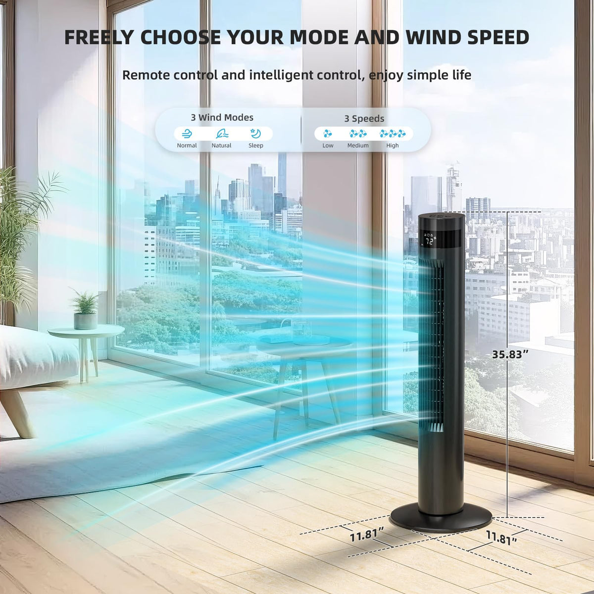 Tower Fan Portable Electric Oscillating Fan Quiet Remote Control Bladeless Floor Fan 3 Wind Speed Mode 12H Timer
