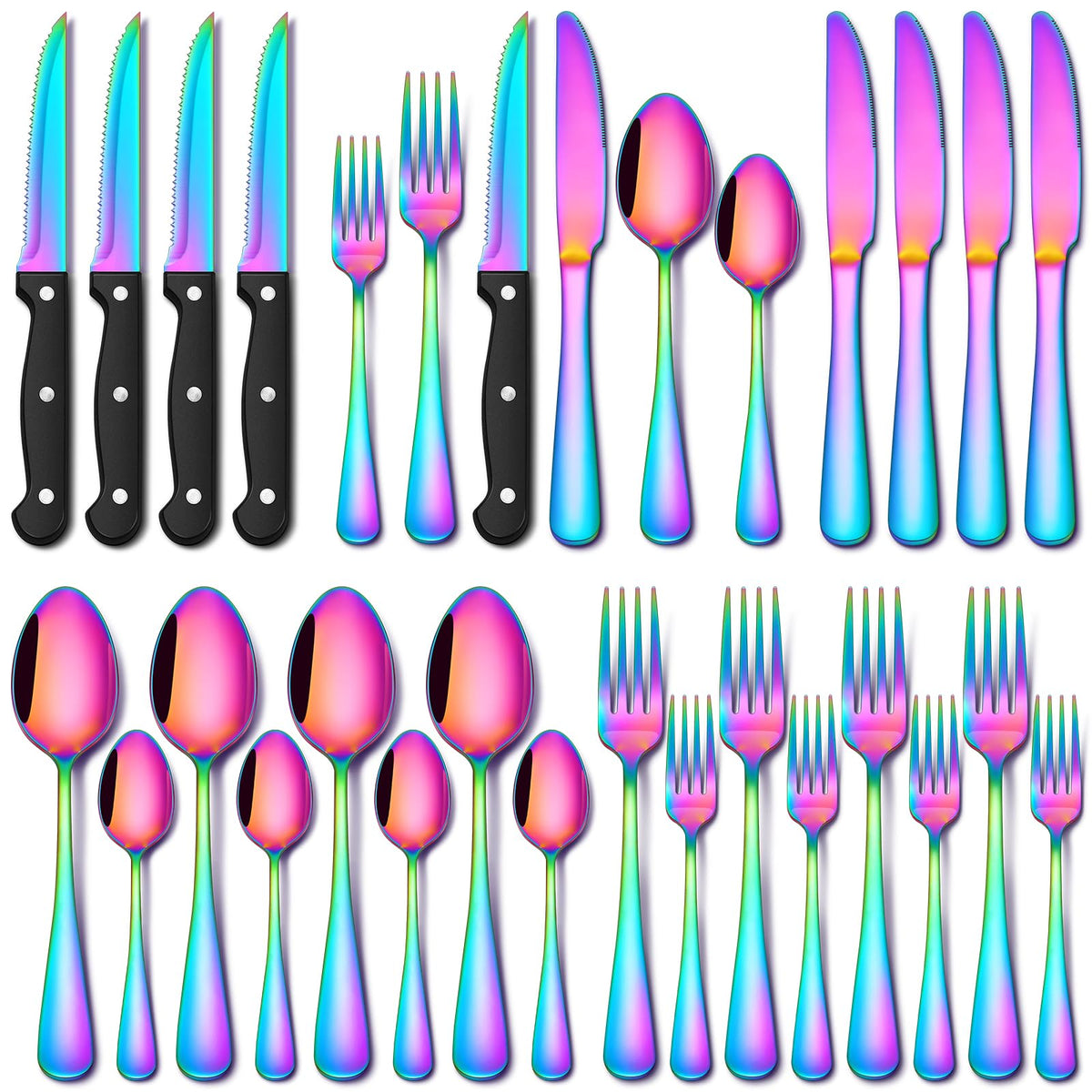 24 Piece Rainbow Silverware Set with Steak Knives Stainless Steel Flatware Set for 4 Cutlery Utensil Set Mirror