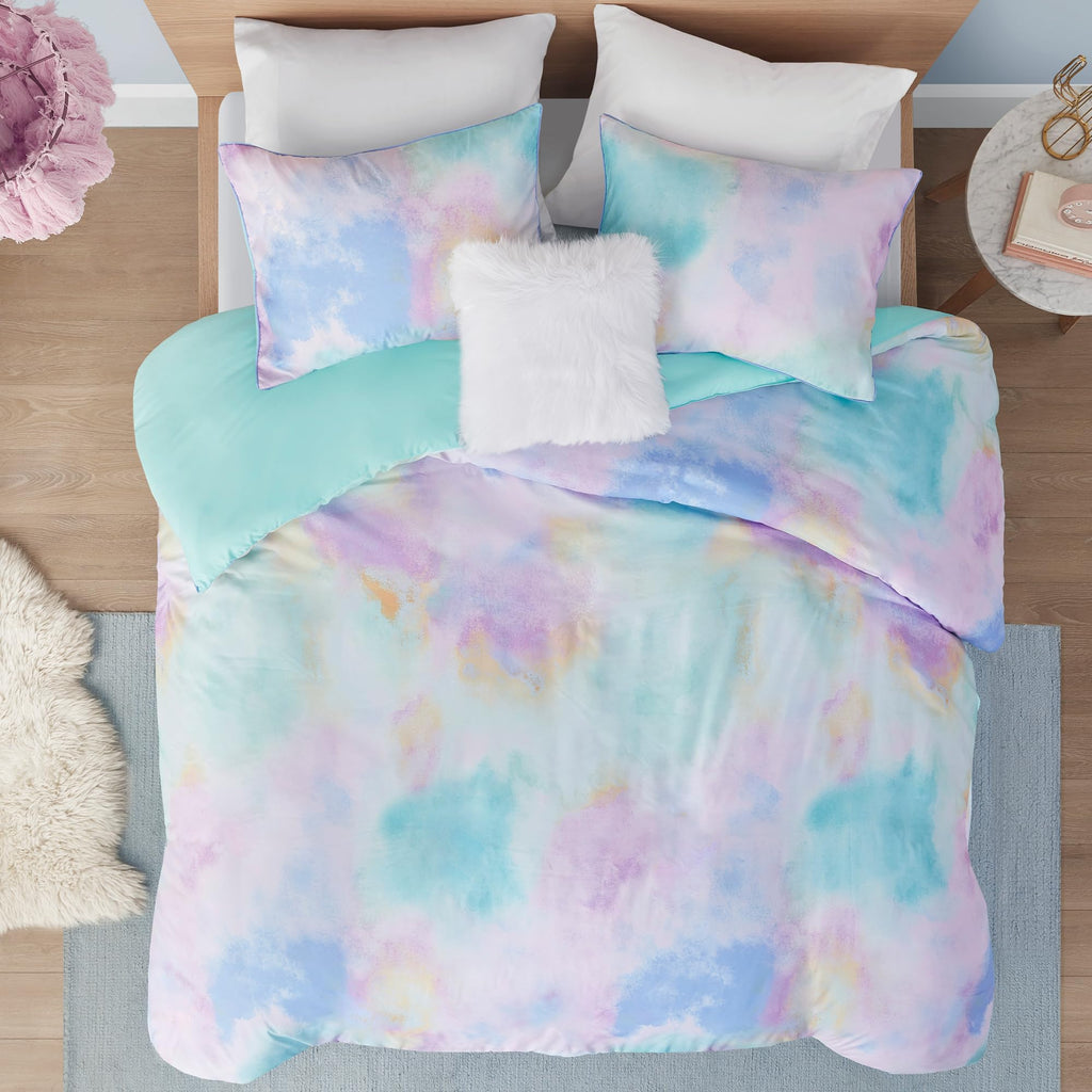 Boho Watercolor Tie Dye Aqua King Duvet Cover Set, 4pc