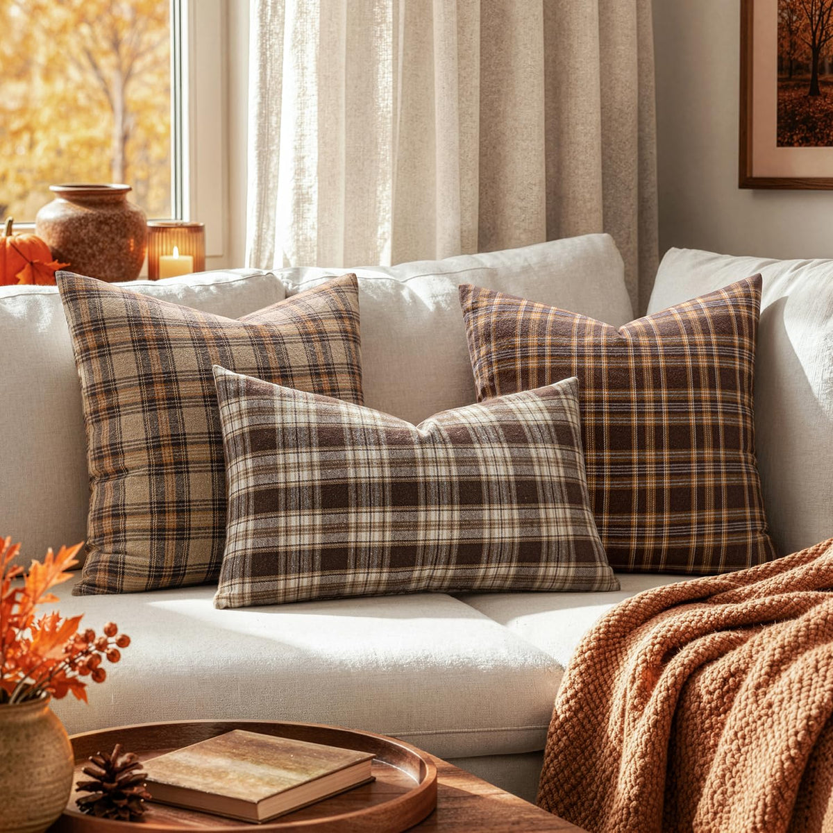 Fall Plaid Pillow Covers Scottish Tartan 18x18 Dark Brown