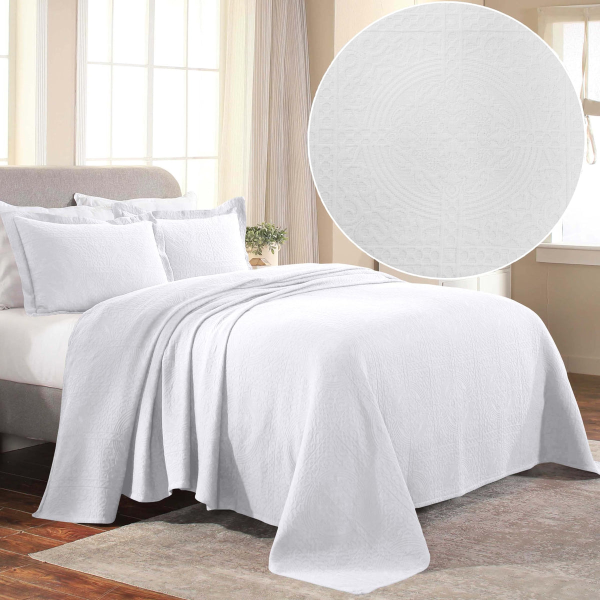 Cotton Bedspread, Jacquard Woven Matelasse Bedding, King, Ivory