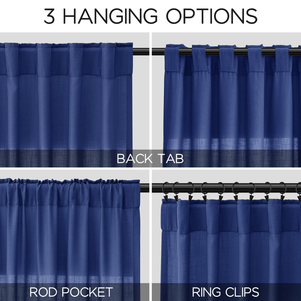Classic Blue Linen Curtains 102 Inches Long Rod Pocket Back Tab Drapes 2 Panels Set Bedroom Light Filtering Semi