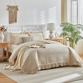 Beige Ruffle Quilt Set, 3 Pieces Shabby Chic Farmhouse Striped Bedspread Coverlet Set, Solid Lightweight