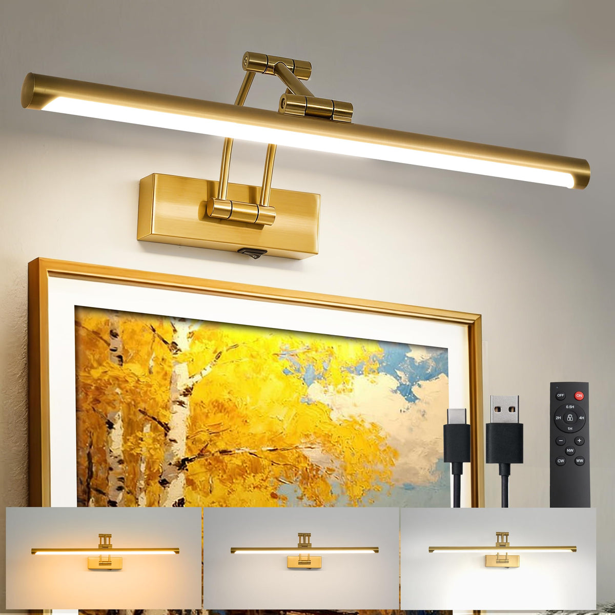 Picture Lights for Wall Battery Operated, 24in Rechargeable Wireless Art Light for Paintings with Remote, Dimmable