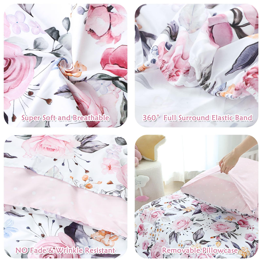 Toddler Bedding Set for Girls, 4 Piece Soft & Breathable Floral Crib Bedding Set, Bed-in-A-Bag Toddler Microfiber