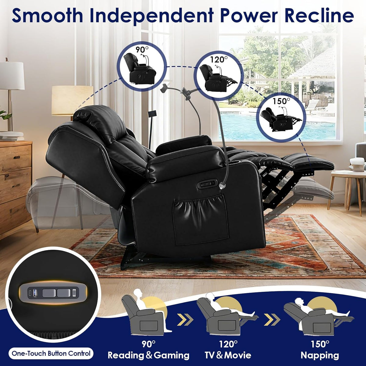 Redlife Power Loveseat Recliner Sofa with Console, PU Leather Dual Reclining Couch with Blue LED Lights