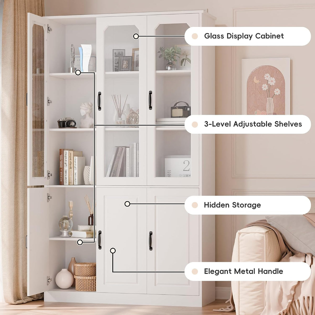 MU 78.7" Tall Kitchen Pantry with 3 Glass Doors, Freestanding China Cabinet with Adjustable Shelves, Large Kitchen