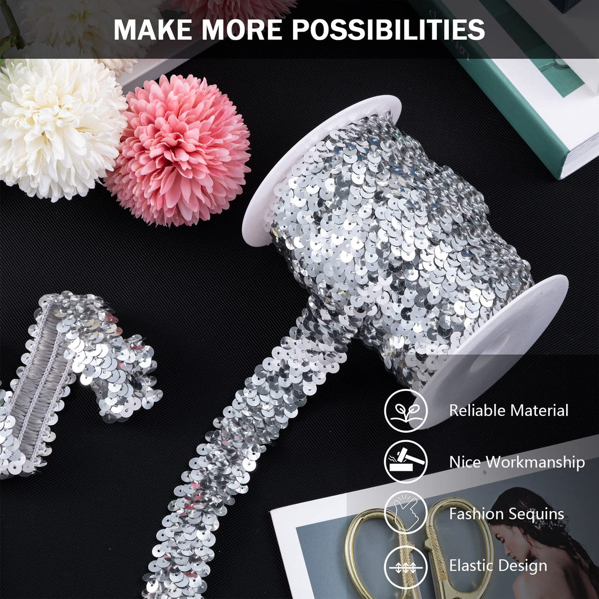 Silver Sequin Trim, 1 Inch Glitter Ribbon Halloween Craft - 11 Yard