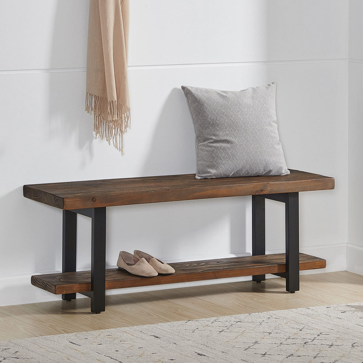 Pomona Solid Wood Entryway Bench and Coat Hook Set, Rustic Brown, 48 Inch