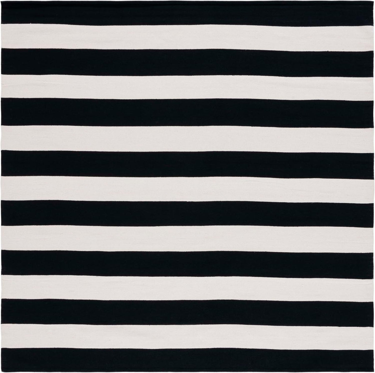 Montauk Collection Area Rug - 8' Square, Black & Ivory, Handmade Flatweave Cotton, Woven Texture, Farmhouse Stripe