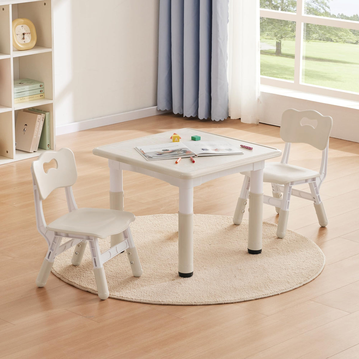 Kids Study Table and Chairs Set, Height Adjustable Toddler Table and Chair Set for Kids Ages 3-8, 23.6" L x 23.6" W