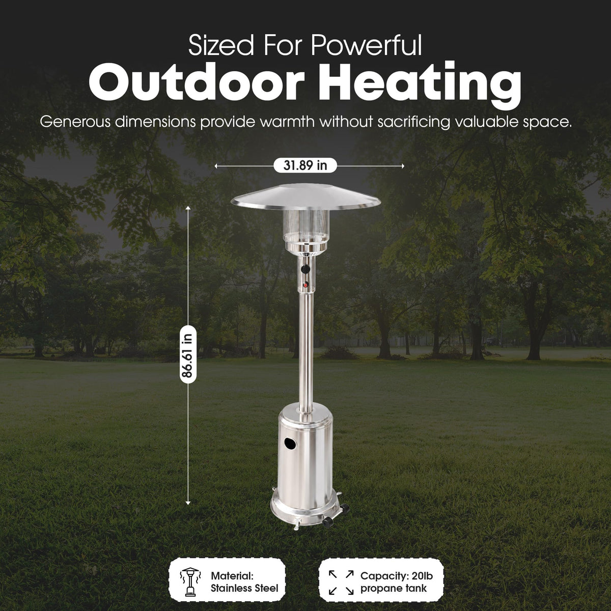 GasOne 50, 000 BTU Outdoor Propane Patio Heater, Stainless Steel with Wheels