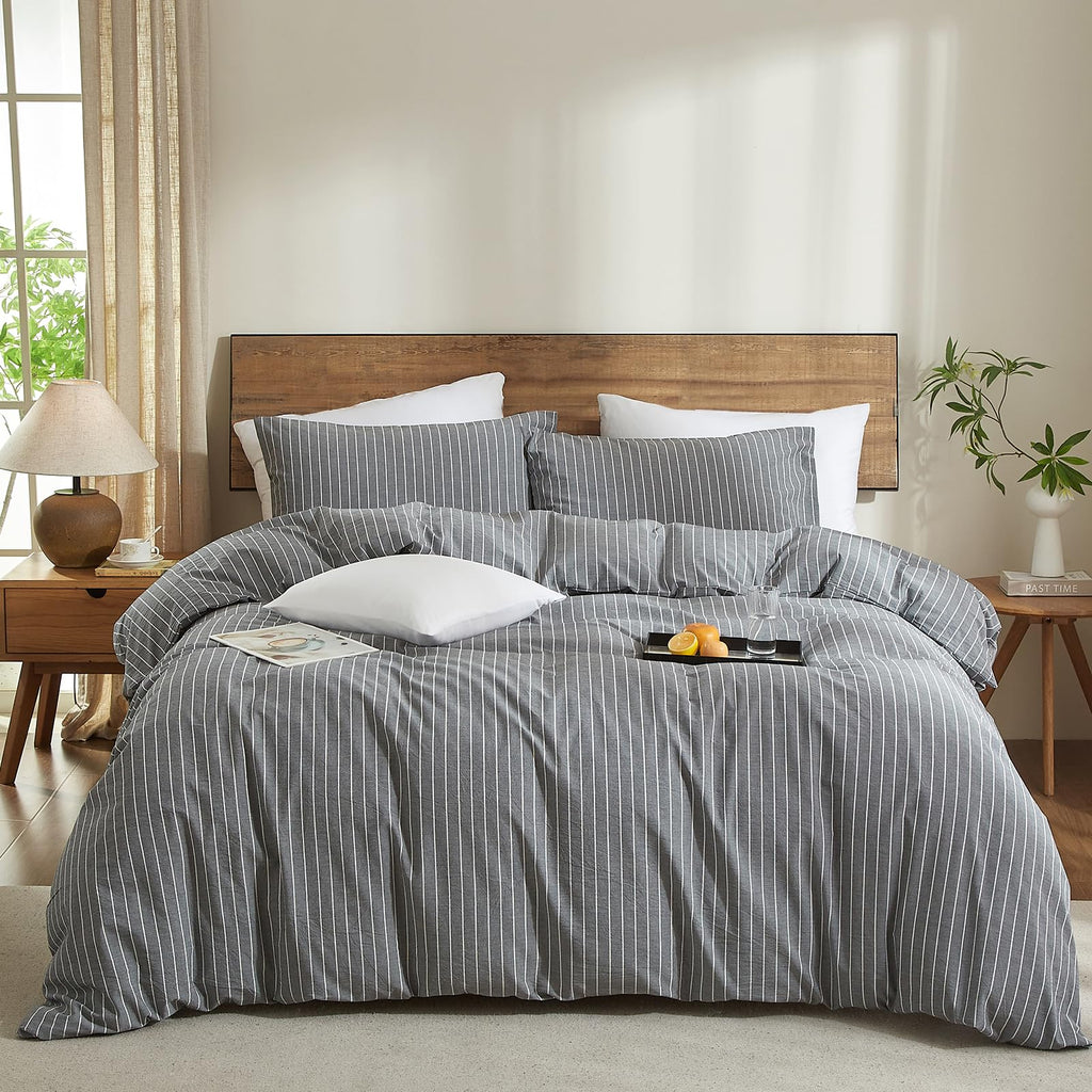 Grey Striped Duvet Cover Set Cotton Linen‐Like 3pcs 90"x90"