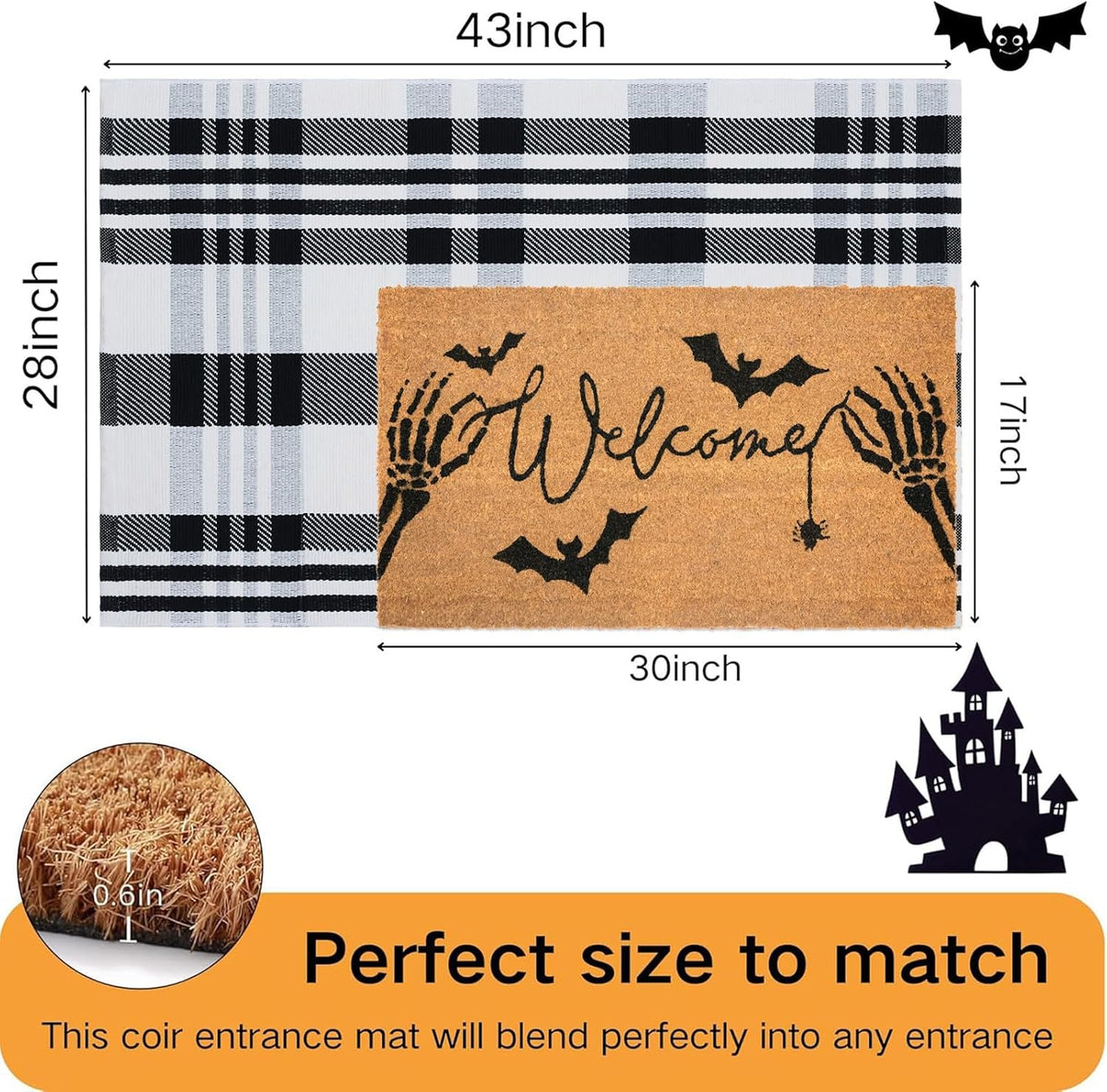 Halloween Welcome Door Mat Combo Set, Skeletal Hand Coco Coir Doormat -28" x 43" Black and White Striped Rug, Autumn