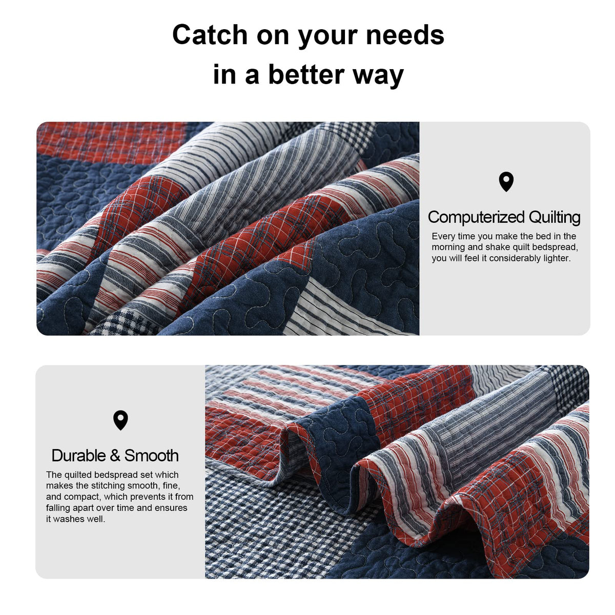 100% Cotton Quilt Set, Patchwork Plaid Quilt Bedding Set Bedspreads, Farmhouse Lightweight Comforter