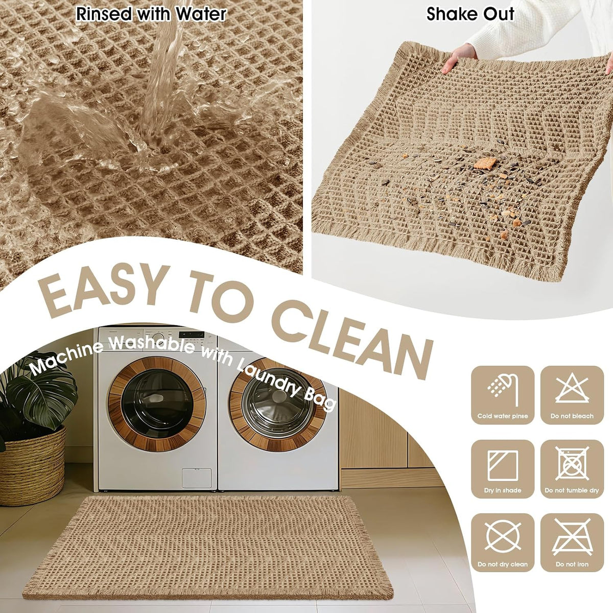 Upgraded Waffle Bath Mat Set 3 Piece Beige-Herringbone, Super Absorbent Non-Slip Quick Dry Bathroom Rugs with