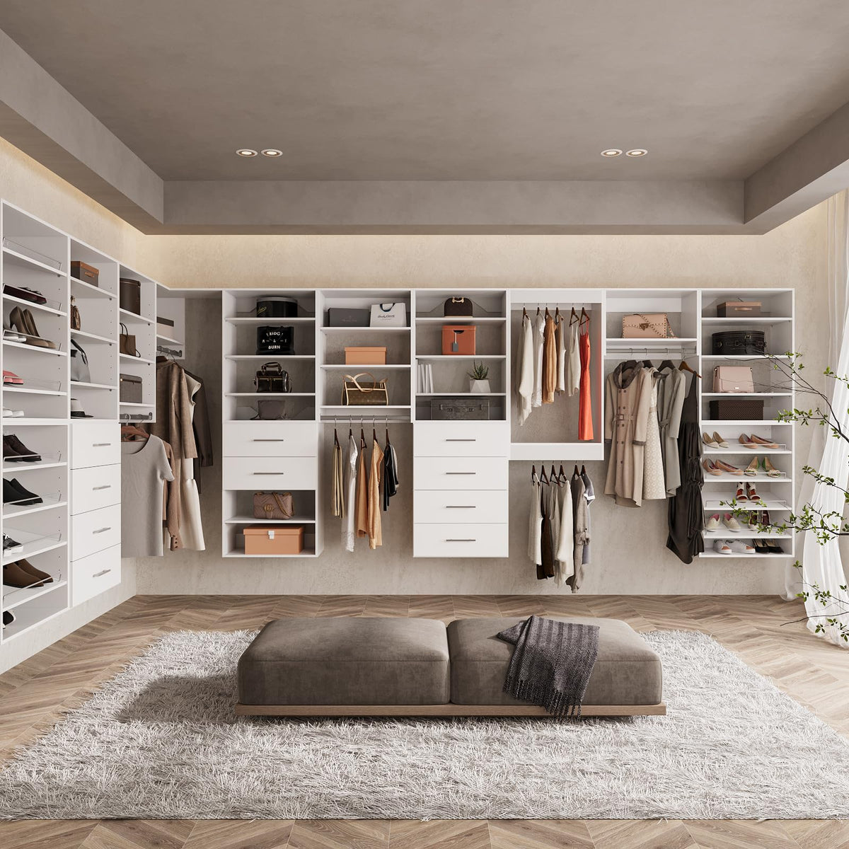 Modular Closet System, 52" Wall-Mounted Closet Organizer with Hanging Rods and Shelves, Wooden Tower for Walk-In