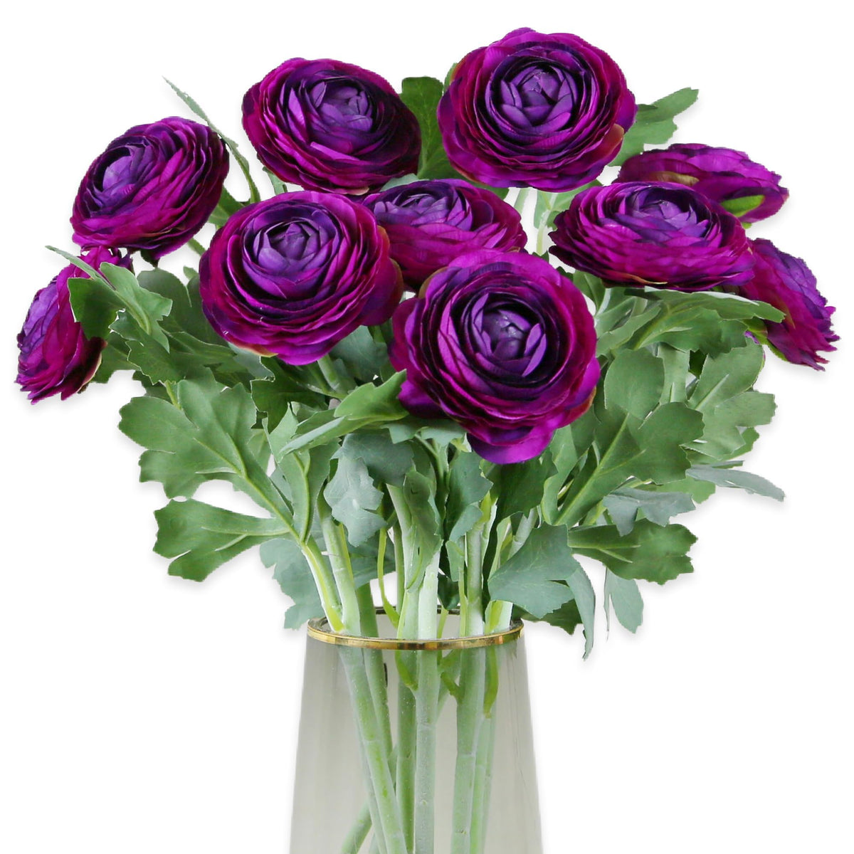 Artificial Ranunculus Flowers Purple, 10 Pack Real Touch Silk, 19 Inch with Blooming Flowers & Buds, Fuzzy Wired Stems