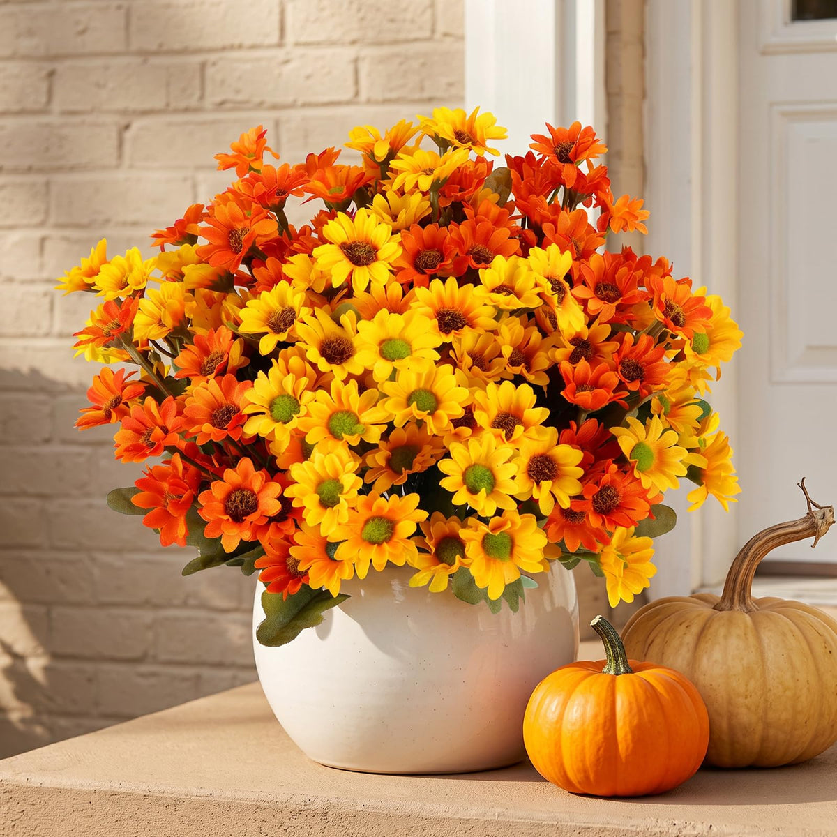 12 Bundles Fall Artificial Flowers for Outdoor Indoor, Fake Silk Daisy with Leaves, Autumn Faux Flower for Garden