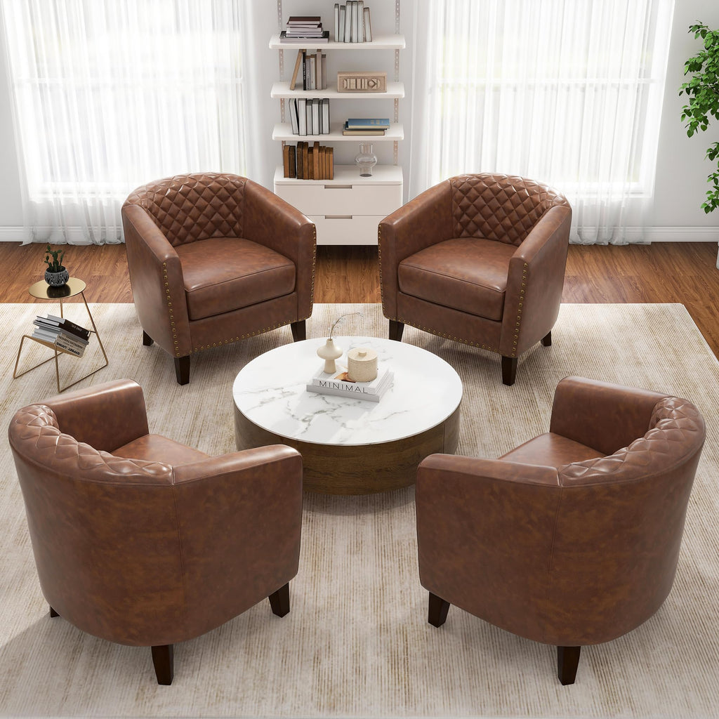 Set of 4 Faux Leather Barrel Accent Chair, Nailhead Trim & Solid Wood Legs, Brown