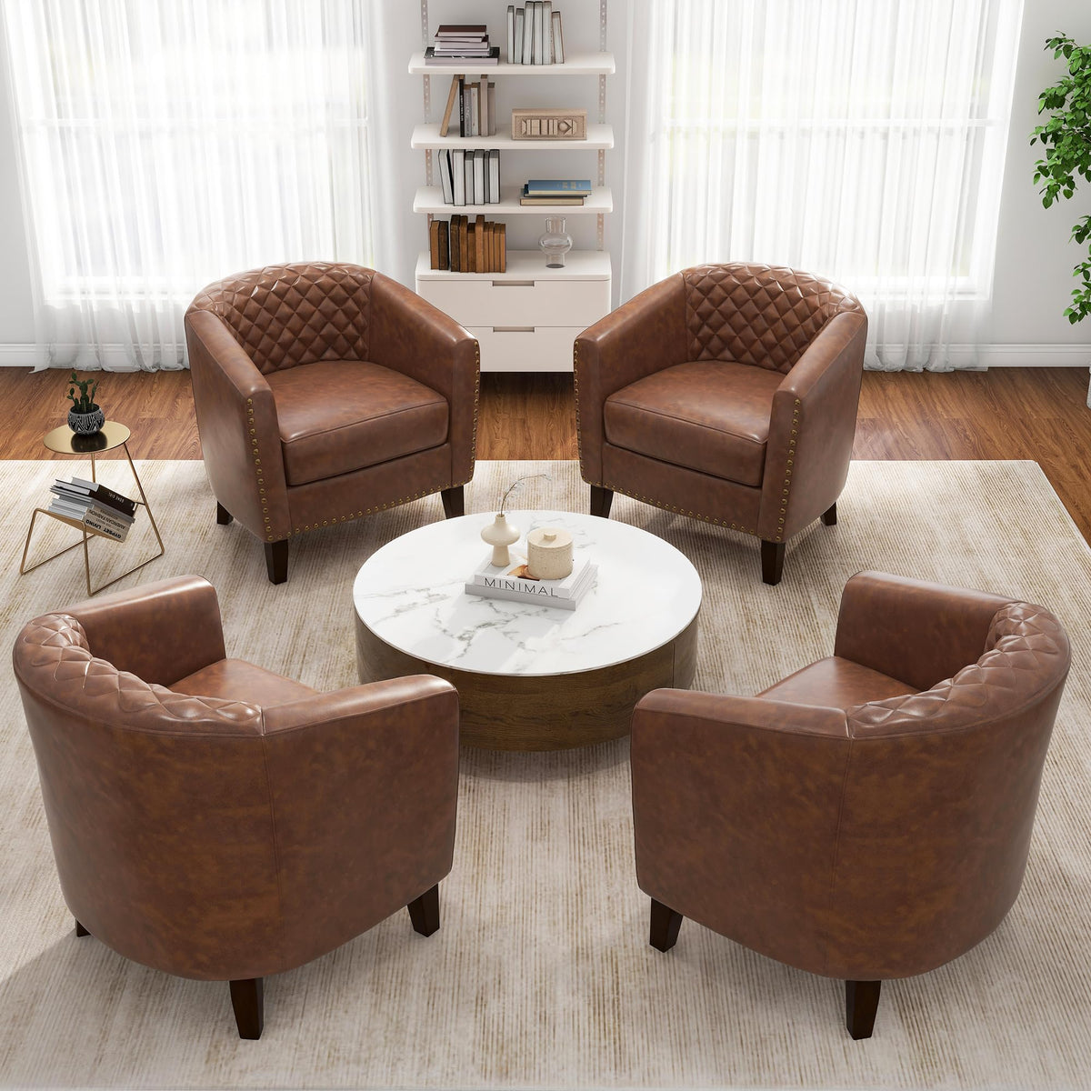 Set of 4 Faux Leather Barrel Accent Chair, Nailhead Trim & Solid Wood Legs, Brown