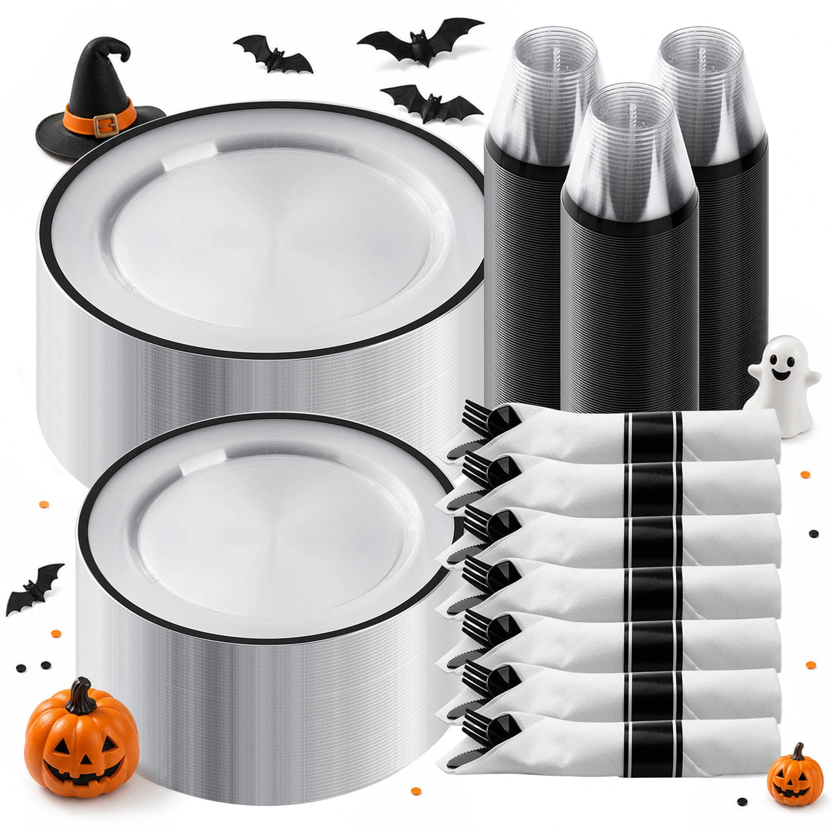 350 PCS Clear and Black Disposable Plastic Plate Set for 50 Guests