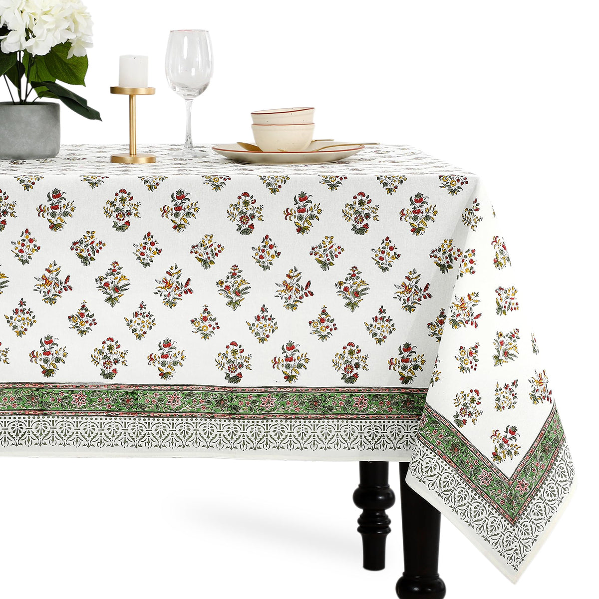 CPC Fall Green Block Print 100% Cotton Rectangle Tablecloth 52x70 Inch