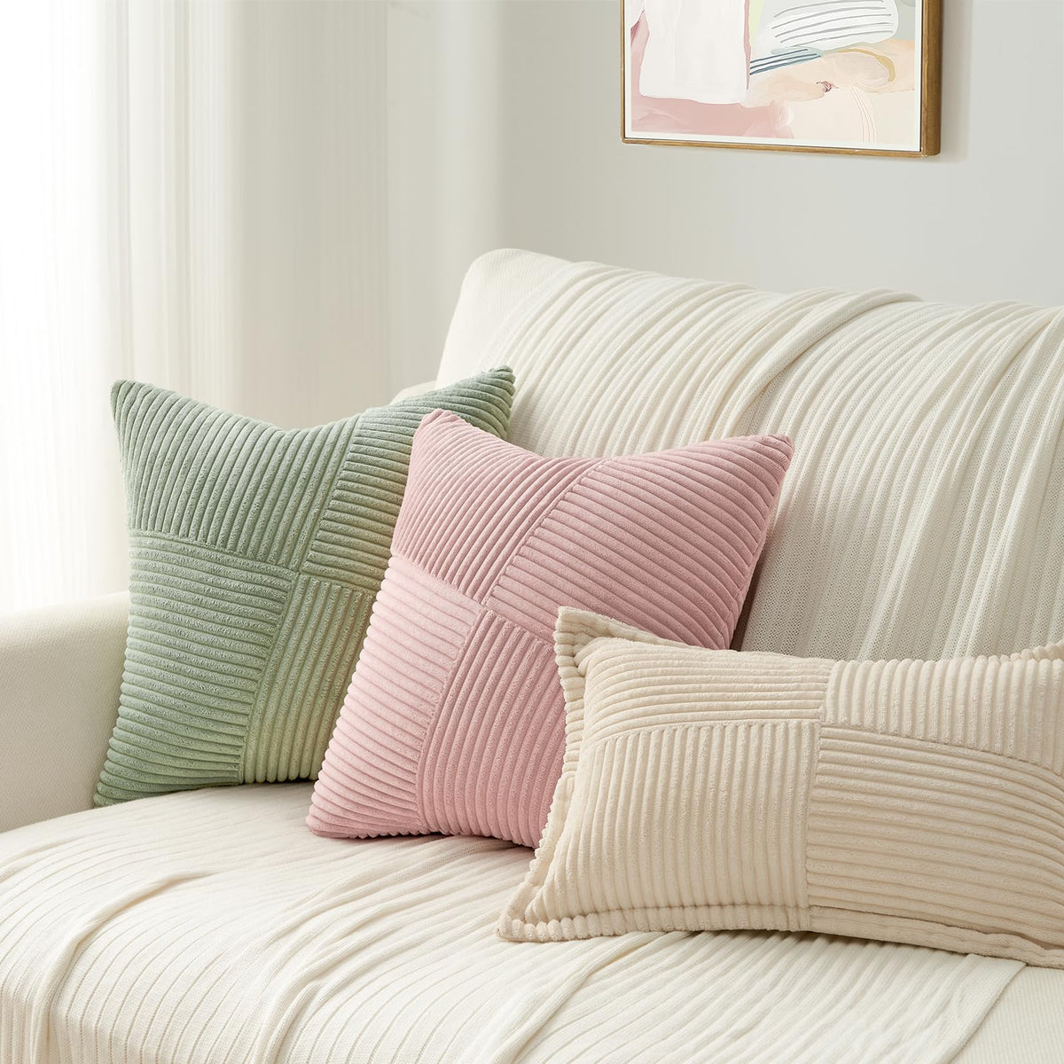 Decorative SageGreen Throw Pillow Covers 22x22 Inch, Soft Corduroy Pillow Covers Textured Striped Patchwork Cushion