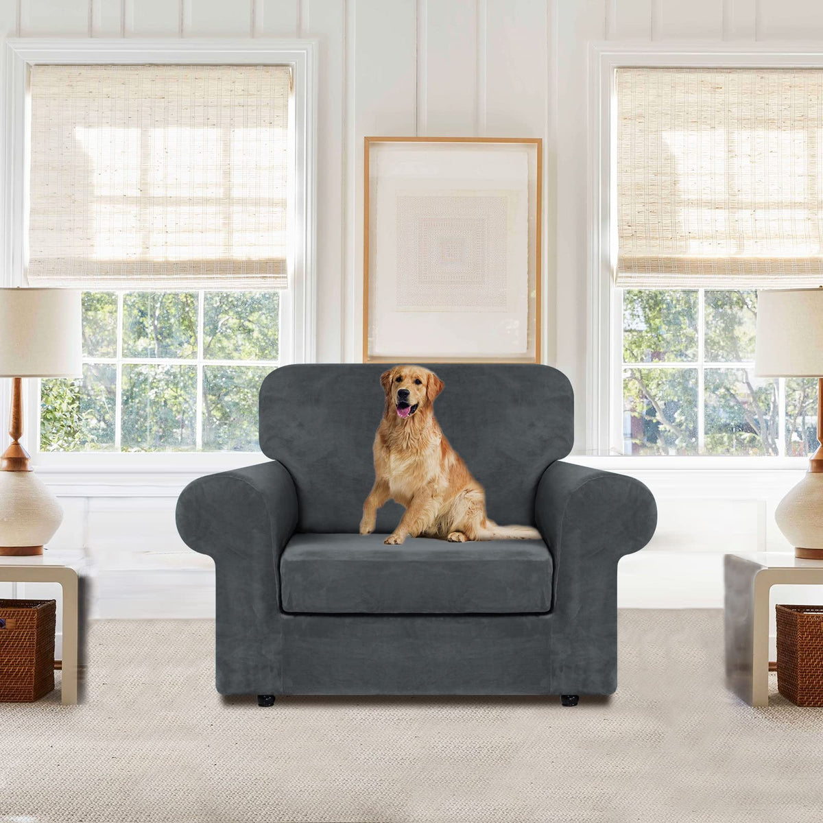 Velvet Stretch 2 Pieces Chair Sofa Slipcovers Washable, Dark Grey