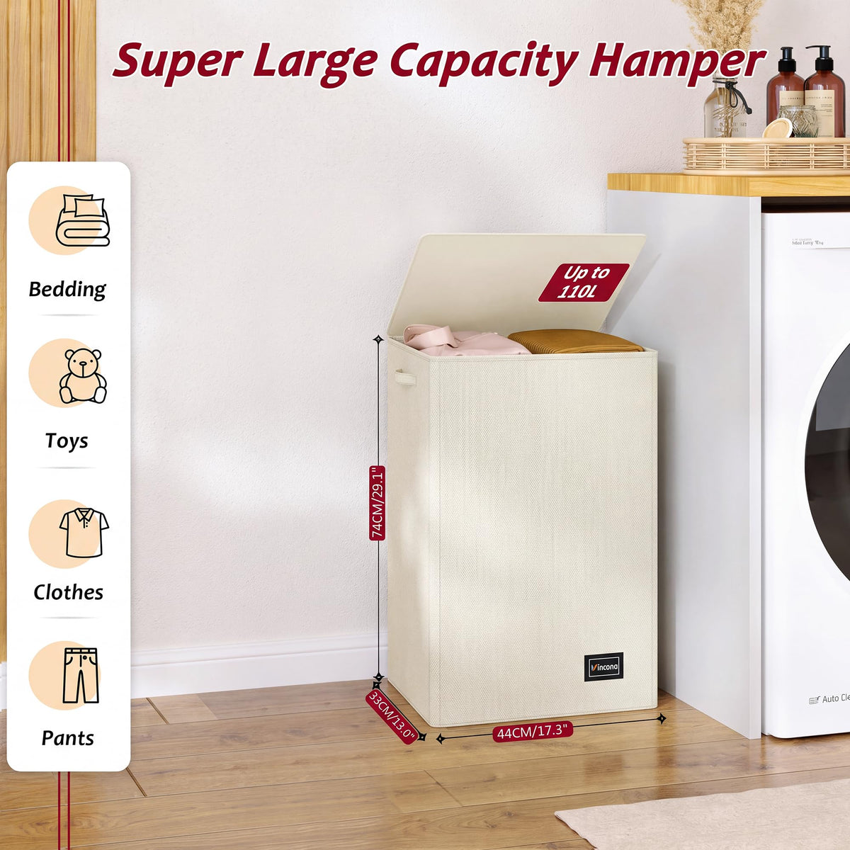 110L Laundry Hamper with Lid, Reinforced Sturdy Large Laundry Hamper with Handle and Lid, Collapsible Clothes Basket