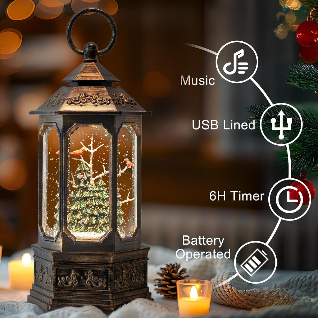 Christmas Snow Globe Lantern with Christmas Tree, Musical Glitter Snow Globes Water Lantern, USB and Battery Powered