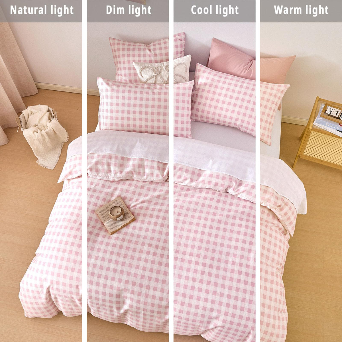 Cottage Gingham 100% Cotton Duvet Cover 3PC - Sweet Blush Pink & Soft White Mini Check Pattern, Modern