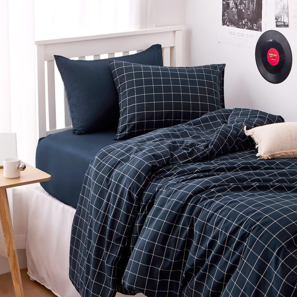 Grid Cotton Duvet Cover Set, Plaid Checkered Geometric Farmhouse, 100% Washed Cotton Textured Bedding Set, 3 Pieces