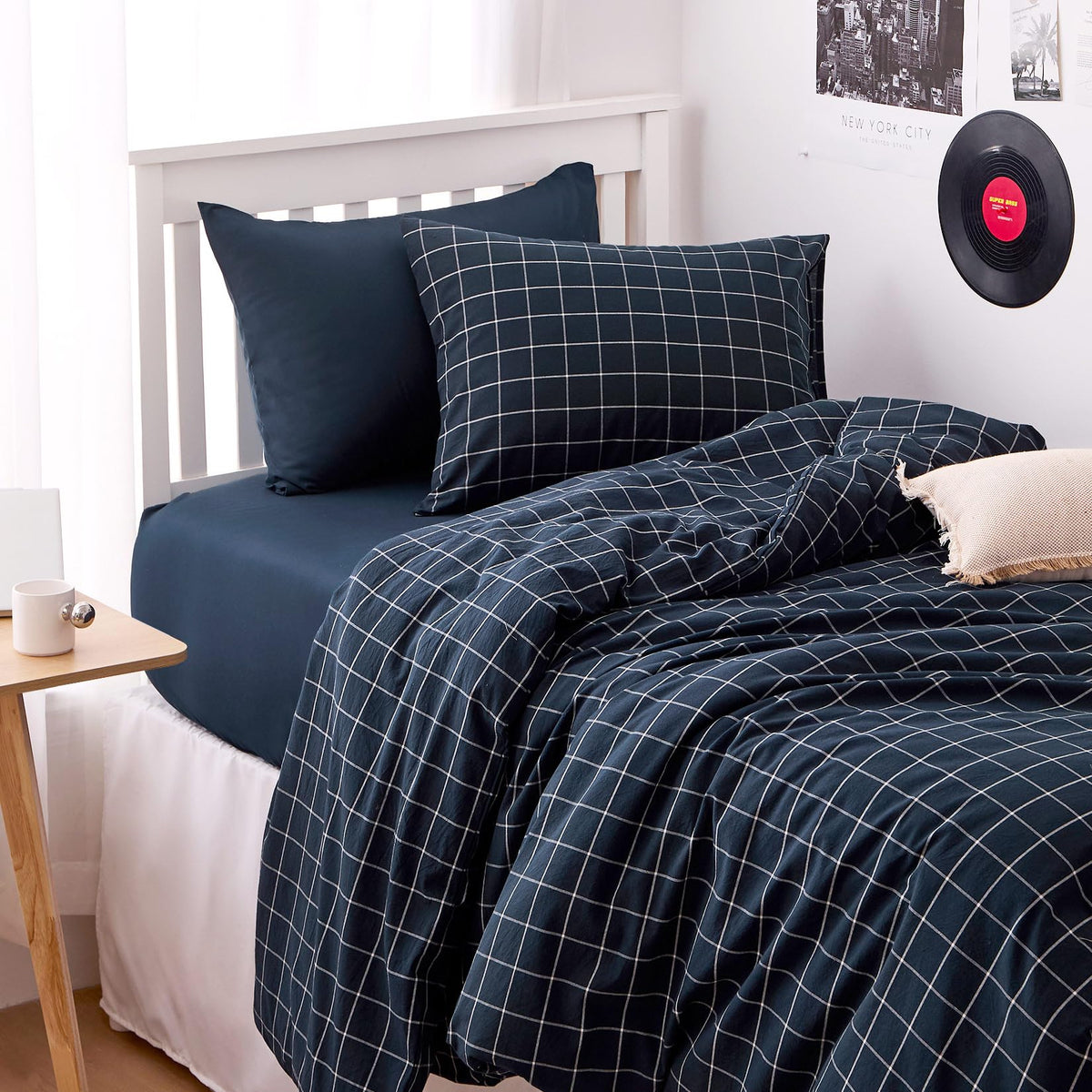 Grid Cotton Duvet Cover Set, Plaid Checkered Geometric Farmhouse, 100% Washed Cotton Textured Bedding Set, 3 Pieces