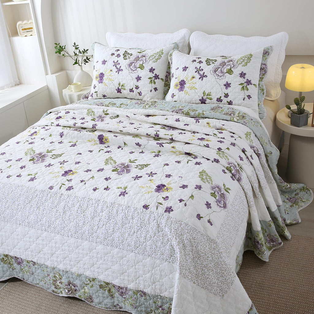 3-Piece Floral Embroidered Quilt Set Oversize Queen 100% Cotton Ultra Soft Elegant Reversible Bedspread Coverlet Set