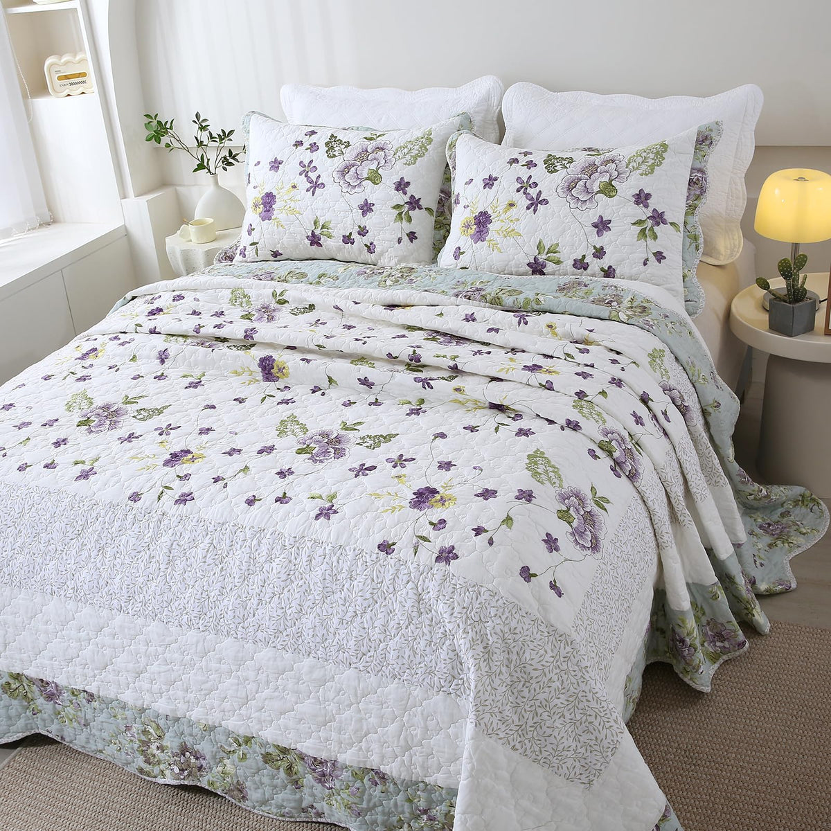3-Piece Floral Embroidered Quilt Set Oversize Queen 100% Cotton Ultra Soft Elegant Reversible Bedspread Coverlet Set