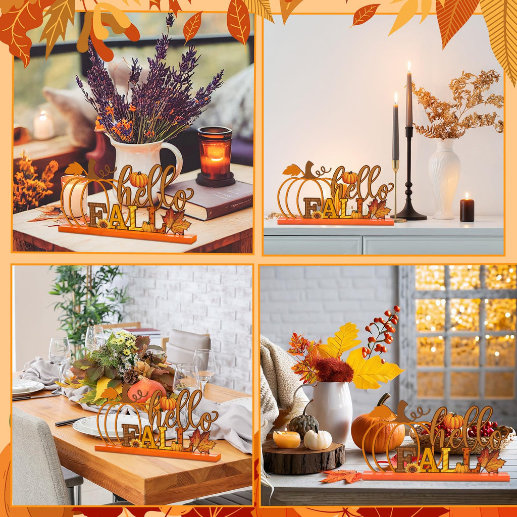 Fall Decorations Metal Pumpkin Table Sign with Wood Base