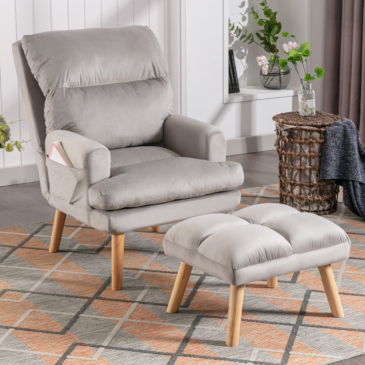 Modern Accent Chair with Ottoman, Soft Fabric Armchair with Adjustable Backrest and Side Pockets, Comfy Lounge Chair