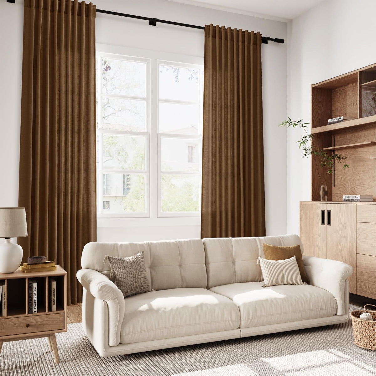 Tobacco Brown Linen Curtains 102 Inches Rod Pocket Back Tab Drapes 2 Panels Set Bedroom Light Filtering Semi Sheer