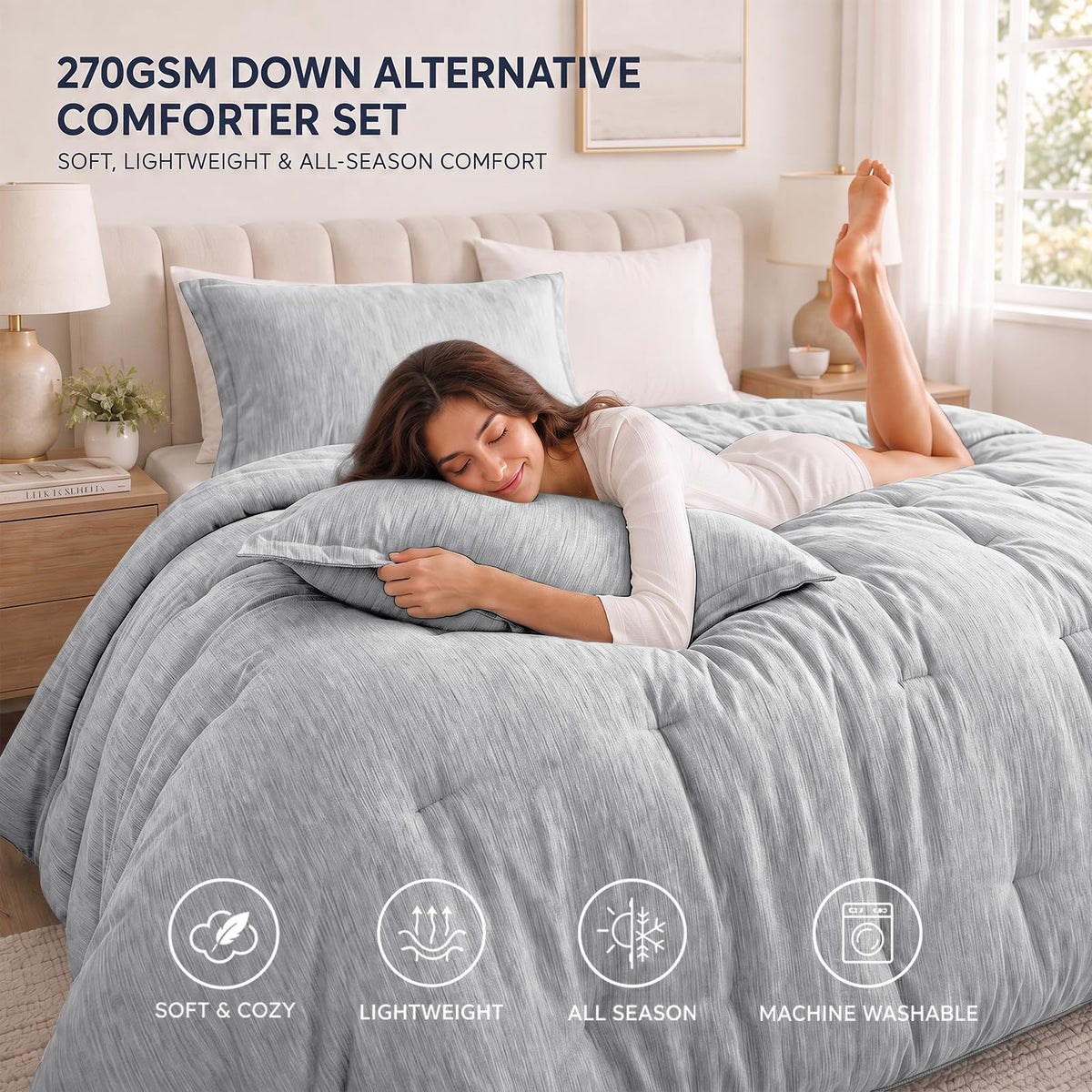 Comforter Set, Heathered Light Grey, 3 Pieces Bedding Sets
