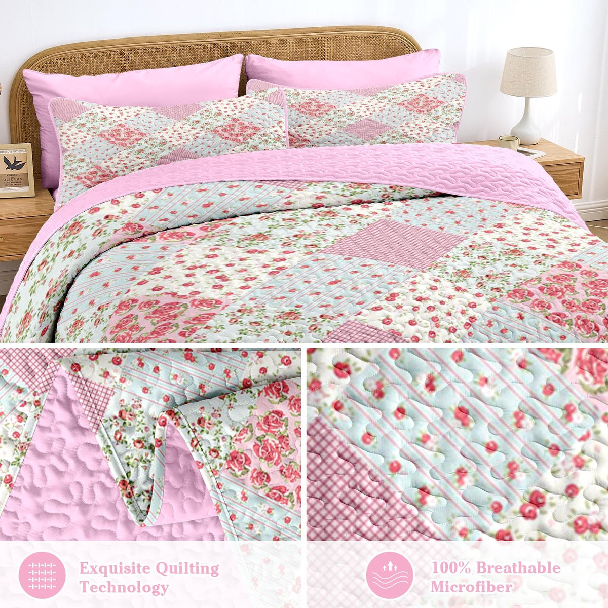 Quilt Set, 2 Pieces Pink Floral Bedding, Bedspread