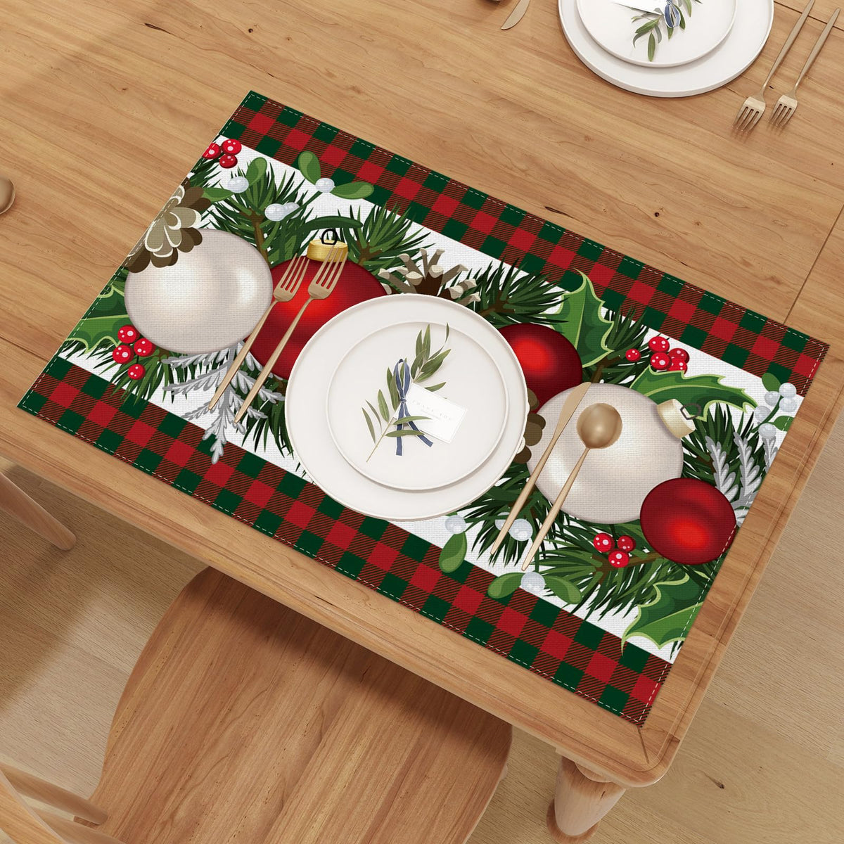 Linen Red and Green Buffalo Check Plaid Christmas Placemats Set of 4 Farmhouse Winter Christmas Xmas Holiday Home