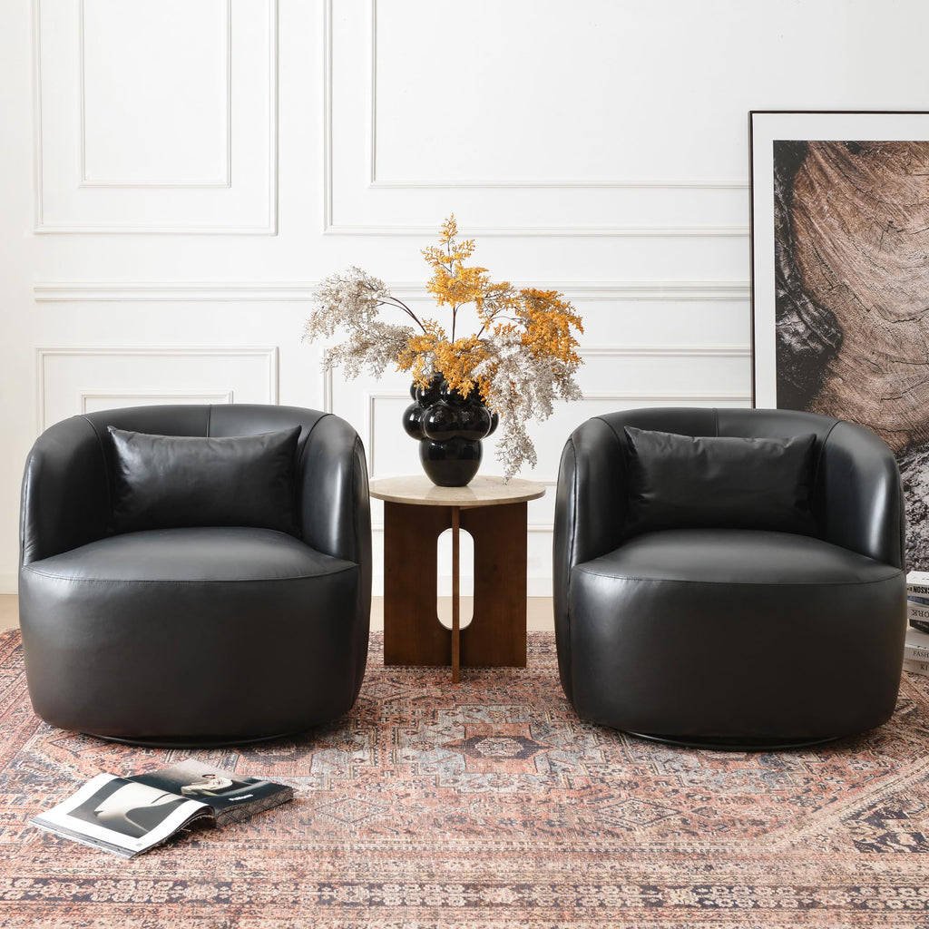 Set of 2 Genuine Leather Upholstered Swivel Barrel Chair, Black