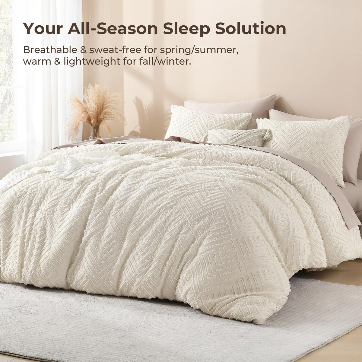 Queen Size Comforter Set, 3 Pieces Beige Tufted Boho Bedding Set