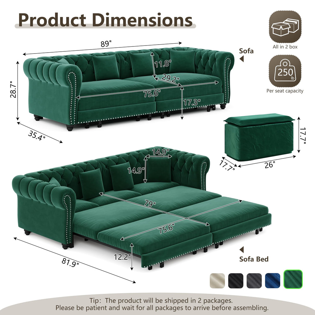 89" King Size Sleeper Sofa Bed, 3-in-1 Convertible Pull Out Chesterfield Sleeper Couch with Ottoman, Oversized Velvet