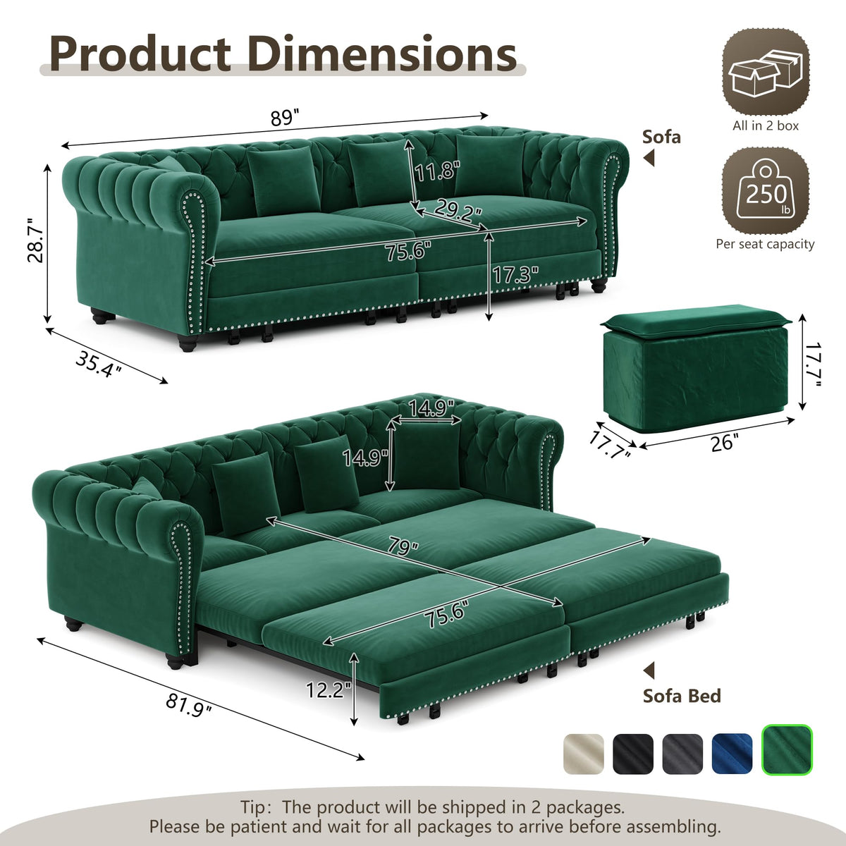 89" King Size Sleeper Sofa Bed, 3-in-1 Convertible Pull Out Chesterfield Sleeper Couch with Ottoman, Oversized Velvet