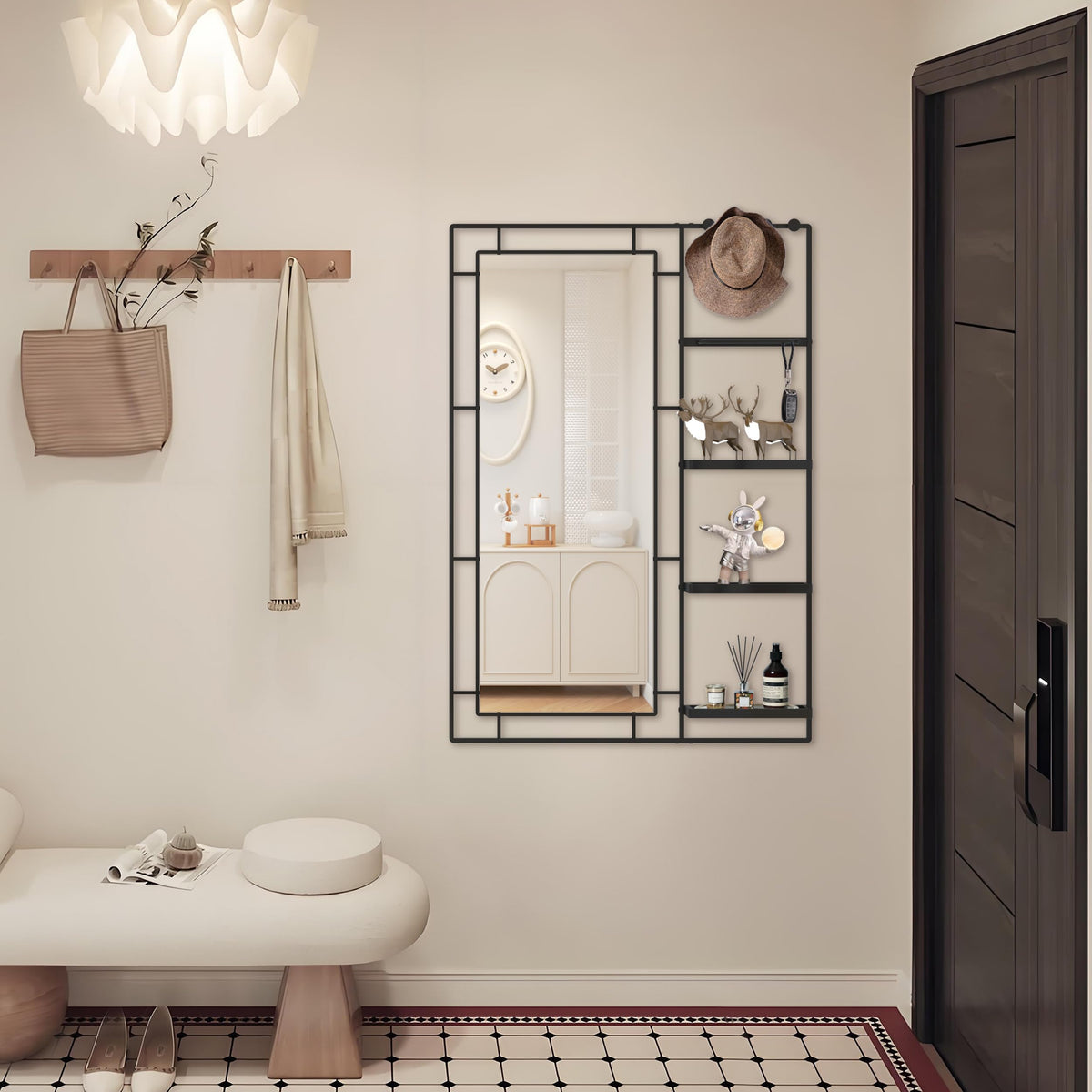 43" X 30" Black Wall Mounted Mirror for Wall, Full Length Mirror with Shelf and Hooks, Large Wall Mirror with Metal
